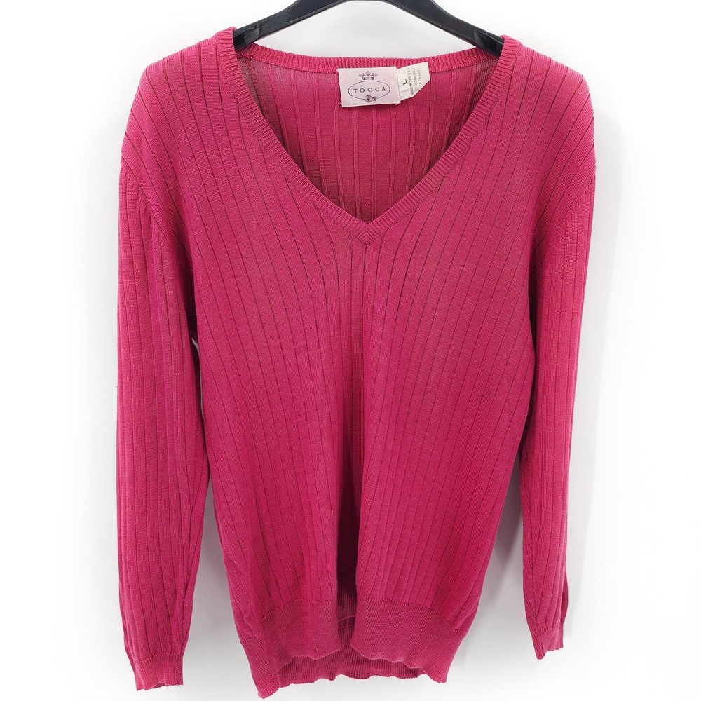 TOCCA Magenta Pink V-Neck 100% Silk Ribbed Knit Top Size L